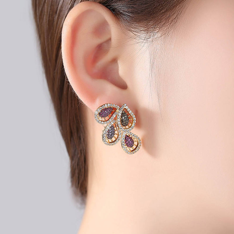 Crystal leaves with Multi Stones Stud Earrings - Saverah Village